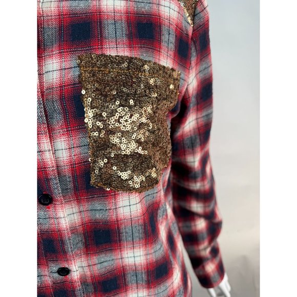 E2 Plaid and Sequin Western Styled Shirt M Red Blue Cotton Vintage - Picture 11 of 16